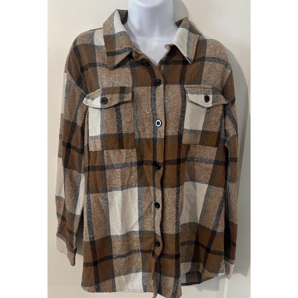Automet Plaid ButtonUp Shacket Jacket Collared Pockets Relaxed Fit Earth Tones M